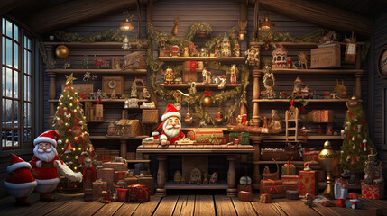 Naklejka premium In Santa's North Pole workshop, cheerful elves create presents for the festive Christmas evening, bringing happiness to people all around the globe