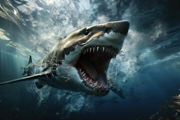 Shark under of the raw power and beauty of the ocean, ai generated.
