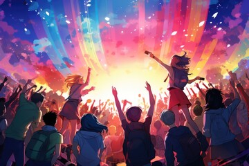 Fototapeta na wymiar Music Festival Vibes Depict the group dancing - colorfull graphic novel illustration in comic style