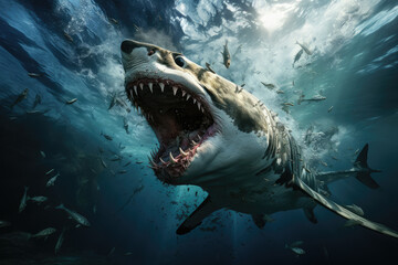 Shark under of the raw power and beauty of the ocean, ai generated.
