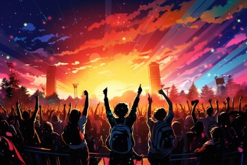 Music Festival Vibes Depict the group dancing - colorfull graphic novel illustration in comic style