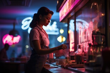 Neon Night Shift Illuminate the diner with neon lights  - colorfull graphic novel illustration in comic style - obrazy, fototapety, plakaty