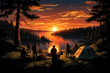 Outdoor Adventure Illustrate the group hiking camping - colorfull graphic novel illustration in comic style