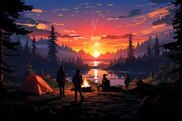 Obraz premium Outdoor Adventure Illustrate the group hiking camping - colorfull graphic novel illustration in comic style