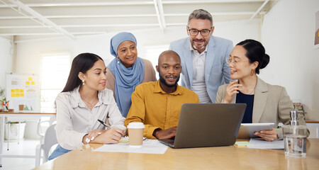 Business people, laptop and team, meeting or planning in marketing, website design and office presentation. Group of men and woman on computer for teamwork, online research and project collaboration