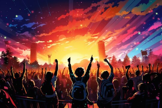 Music Festival Vibes Depict the group dancing - colorfull graphic novel illustration in comic style