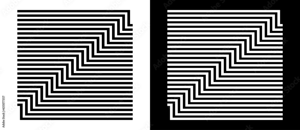 Poster Abstract art line background. Digital geometry design. Square and circle with lines. Black shape on a white background and the same white shape on the black side.