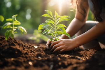 A close-up shot of a woman planting a seedling in a lush garden, promoting sustainability and green living Perfect for environmental and gardening concepts