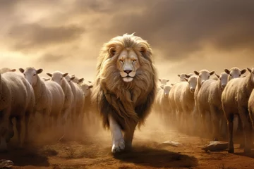 Foto op Canvas Savannah lion advancing among sheep flock, Crowd, Masses, Differentiating, Wallpaper. OUT OF THE CROWD. A majestic lion makes its way with imperious air distinguishing himself by the herd. © Paolo