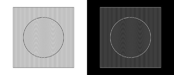 Abstract art line background. Digital geometry design. Square and circle with lines. Black shape on a white background and the same white shape on the black side.