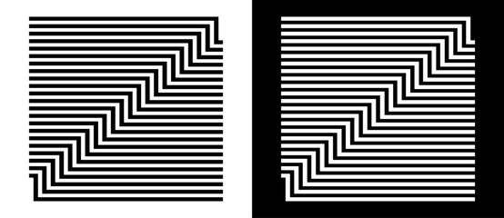 Abstract art line background. Digital geometry design. Square and circle with lines. Black shape on a white background and the same white shape on the black side.