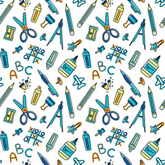 Multicolored school supplies, seamless pattern. Back to school. Vector.