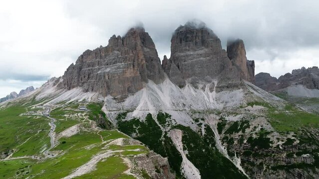 Tre Cime di Lavaredo rocks shoot from drone. South Tirol, Europe, Italy.