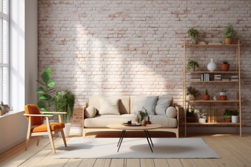 Obraz premium Scandinavian living room mock up with wooden furniture.