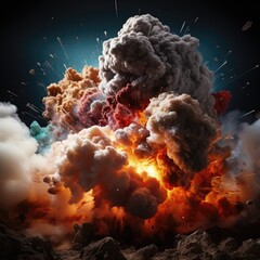 Explosion with fire and colored smoke on dark background