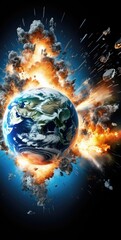 Explosion of earth with fire and smoke on black background. 3d rendering illustration