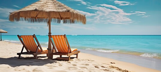 Sandy beach with two chairs and a straw umbrella. Beautiful turquiose sea. Vacation concept