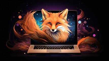 3D Smart fox, Computer, Poster, Wallpaper, Technology, Laptop, Notebook, Pc. SMART TECHNOLOGY. Fox seems to come out of the laptop. Expression of smart utilization of all modern technologies.