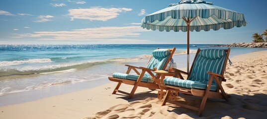 Two wooden sun chairs and umbrella on a tropical sandy beach with a beautiful turquoise sea in the background. 3d rendering