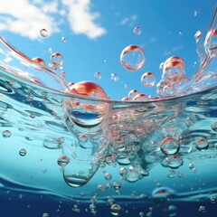 Water splash with bubbles on blue sky background. 3d illustration