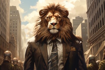 Determined lion man, Self-confident, Resolute, Skyscrapers, Businessman, Self-control, Fearless, Wallpaper. THE CONTRARIAN. Walking with self-control in the opposite direction of a popular uprising - obrazy, fototapety, plakaty