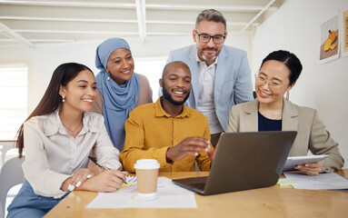 Business people, meeting and laptop for team collaboration planning and website design presentation...