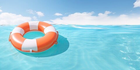 Lifebuoy floating in the sea on a sunny day. 3d render. Copy space for your text