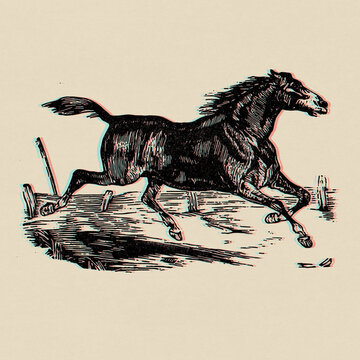 Engraved 19th century print style illustration with a riso risograph effect of a running black horse.