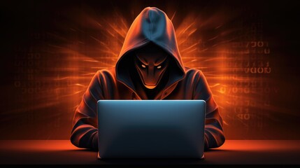 Hacker, Hooded man, Pc, Laptop, Computer, Notebook, Red, Digital Security. BAD INTENTIONS. Red background. Illustration suitable for the awareness campaign on the subject of the cyber security