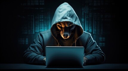 Hacker, Hooded Fox, Pc, Laptop, Computer, Notebook, Cybersecurity, Cyber Attack. YOUR DATA AR RISK! Dark background. Illustration suitable for the awareness campaign on the subject of cyber security - obrazy, fototapety, plakaty