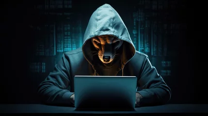 Foto op Plexiglas Hacker, Hooded Fox, Pc, Laptop, Computer, Notebook, Cybersecurity, Cyber Attack. YOUR DATA AR RISK! Dark background. Illustration suitable for the awareness campaign on the subject of cyber security © Paolo
