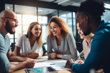 Close-up of diverse group of professionals brainstorming ideas in a modern office space, showcasing teamwork and creativity Ideal for business and innovation concepts