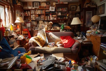 disorderly view of a cluttered living room with scattered items - obrazy, fototapety, plakaty