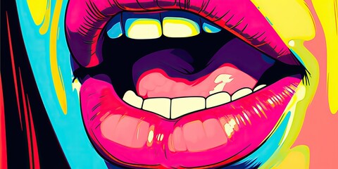 AI Generated. AI Generative. Pop art retro vintage lips mouth cartoon style. Attractive girl face with smile. Can be used for promotion comics illustration