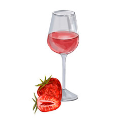 Watercolor glass of red wine with strawberries, watercolor isolated illustration on white background. For business design, menu, wine packaging