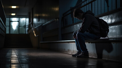 Depressed man in a dark corridor of a building.