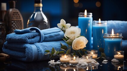 Fototapeta na wymiar Cosmetics for body care. Massage oils and Towels with candles and flowers. Blue background. Generative AI