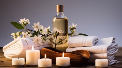 Fototapeta na wymiar Cosmetics for body care. Towels with candles and body oil and creams on a background of flowers. Spa. Generative AI