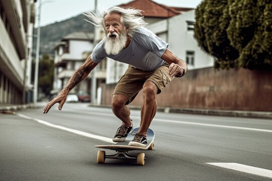Senior man on scateboard