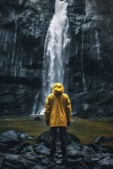 A person in a hooded yellow raincoat standing in front of the waterfall. Black rocks background.
