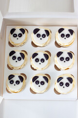 Black and white Panda cupcakes in gift box for children's birthday