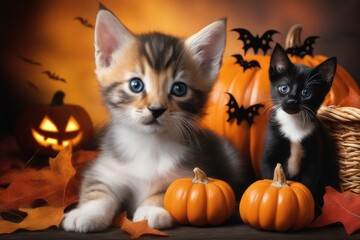 halloween background with cat and pumpkin
