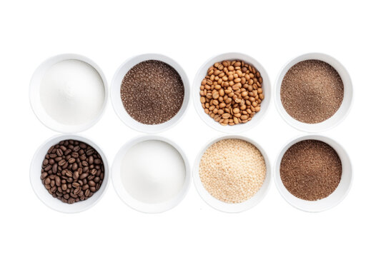 Top flat view of various type coffee grounds, grinder, and power in white bowl or pot isolated on white background, raw ingredients material of drinks, with Generative Ai.