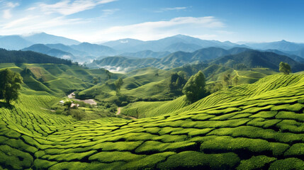 green tea plantation illuminated by the rays of the morning sun in the mountains. Generative Ai.