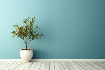 Fototapeta na wymiar blue wall empty room with green plant in vase. generative ai.
