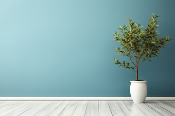 blue wall empty room with green plant in vase. generative ai.