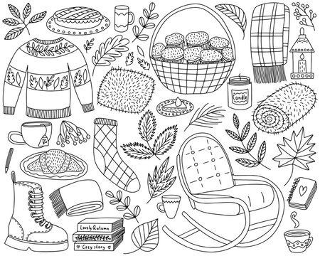 Hand drawn autumn symbols vector set. Doodle fall elements sketches set. Sweater, rocking armchair, scarf, boot, autumn food, foliage and cozy textile.
