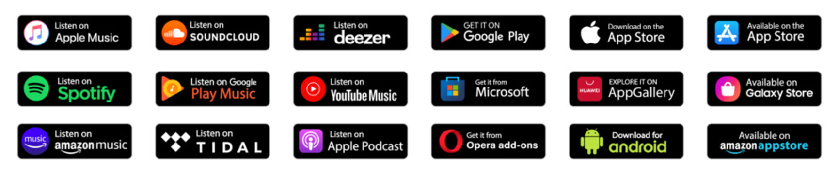 Popular music streaming services with listening badges.Music streaming platforms .Download Set of Badges from the app store.App store,google play,microsoft store,huawei store,amazone store.Vector