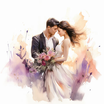 pareja de novios con ramo de flores posando en el día de su boda, sobre fondo blanco, lustracion de ia generativa