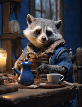 mapache vestido de azul, tomando un cafe, en cocina r&uacute;stica de madera y tetera azul, ilustracion de ia generativa